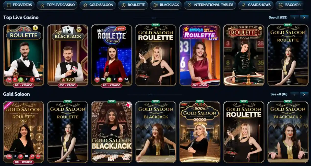 Millioner live casino lobby showing real table-game categories