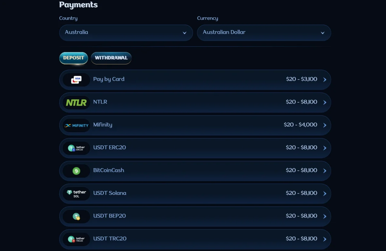 Millioner Australia payments page with country, currency, deposit and withdrawal selectors