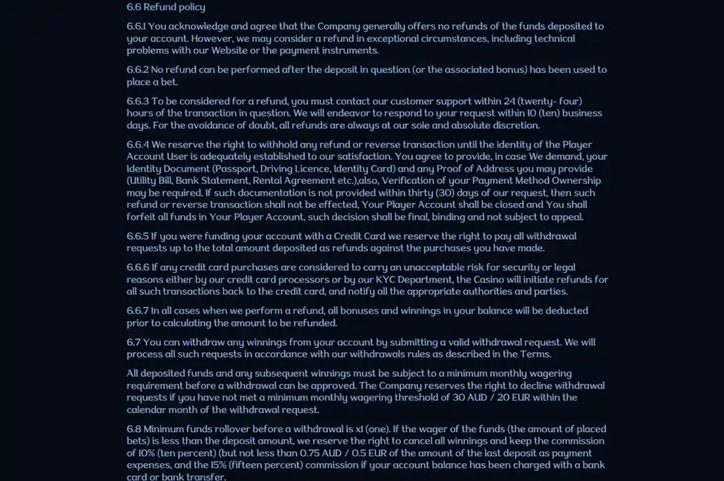 Millioner official Terms showing the AUD withdrawal-limit table and withdrawal processing rules