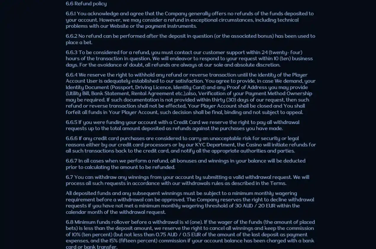Millioner official Terms showing the AUD withdrawal-limit table and withdrawal processing rules