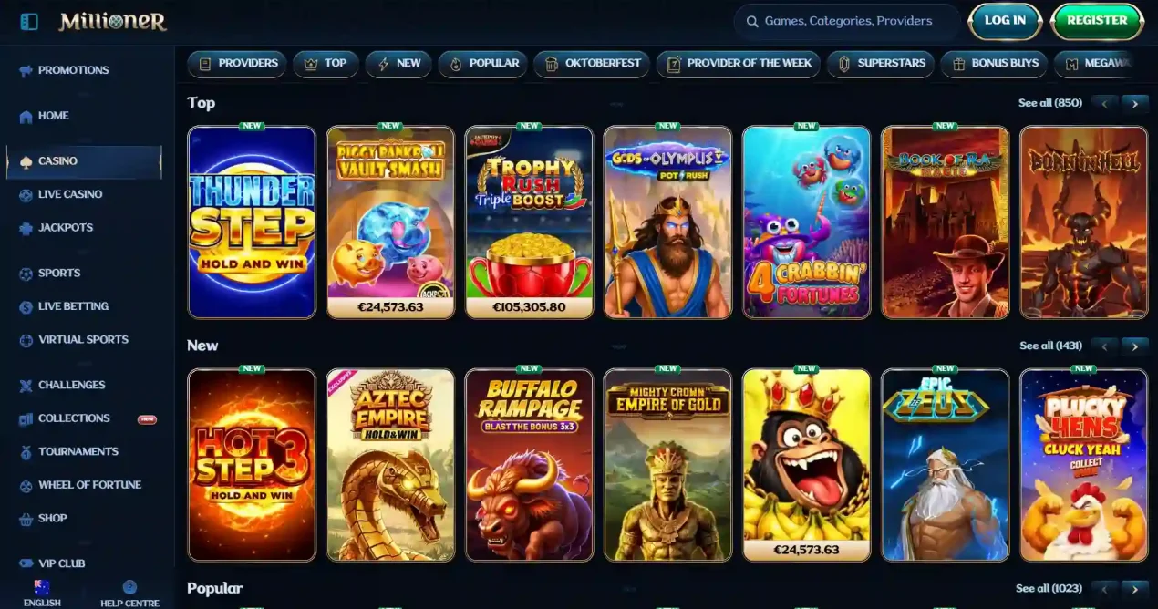 Millioner Australia homepage or casino lobby interface